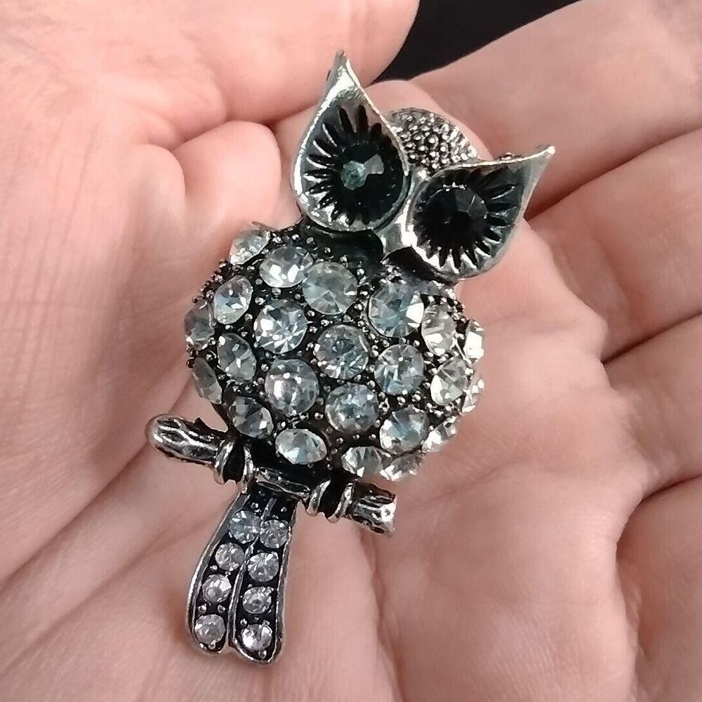 *Sale* Rhinestone owl ring adjustable silver tone black clear rhinestones
